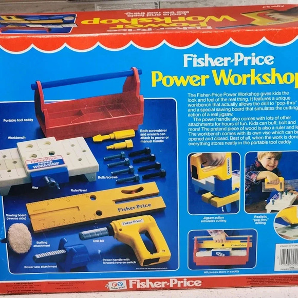 Vintage Fisher Price Power Workshop Tool Box Drill Caddy 1986 Toy With Box - Picture 3 of 11